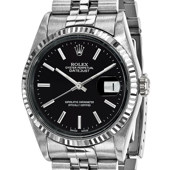 Pre-owned Rolex by Swiss Crown™ USA Pre-owned Independently Certified Rolex Steel 36mm Jubilee Datejust Black Dial and 18k Fluted Bezel Watch