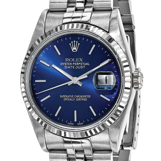 Swiss Crown™ USA Pre-owned Independently Certified Rolex Steel 36mm Jubilee Datejust Blue Dial and 18k Fluted Bezel Watch