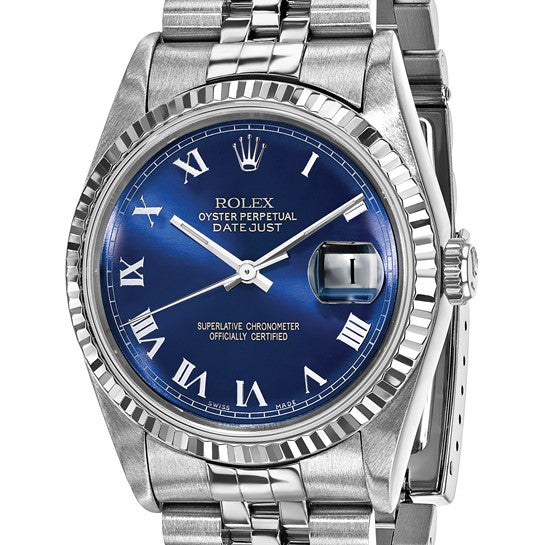Swiss Crown™ USA Pre-owned Rolex-Independently Certified Steel 36mm Jubilee Datejust Blue Roman Dial and 18k Fluted Bezel Watch