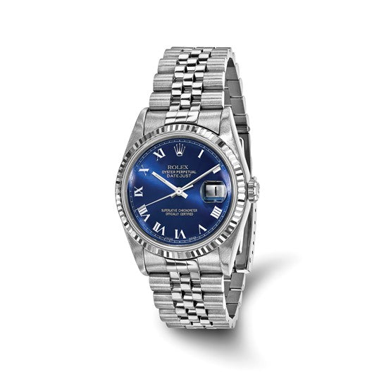 Swiss Crown™ USA Pre-owned Rolex-Independently Certified Steel 36mm Jubilee Datejust Blue Roman Dial and 18k Fluted Bezel Watch