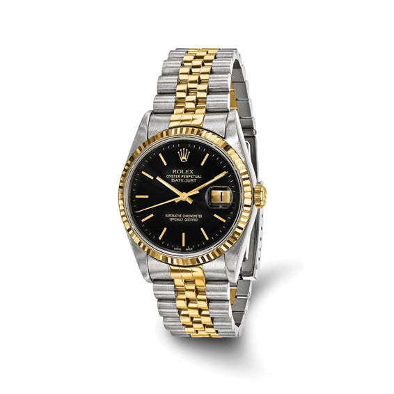 Pre-owned Rolex by Swiss Crown™ USA Pre-owned Independently Certified Rolex Steel and 18k 36mm Jubilee Datejust Black Dial and Fluted Bezel Watch
