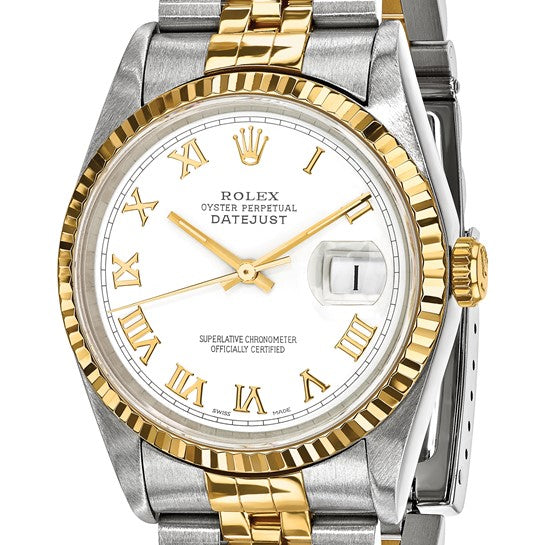 Pre-owned Rolex by Swiss Crown™ USA Pre-owned Independently Certified Rolex Steel and 18k 36mm Jubilee Datejust White Dial and Fluted Bezel Watch