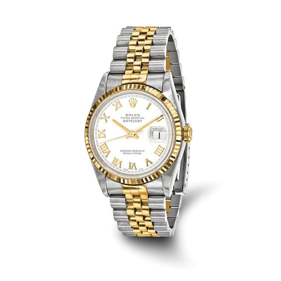 Pre-owned Rolex by Swiss Crown™ USA Pre-owned Independently Certified Rolex Steel and 18k 36mm Jubilee Datejust White Dial and Fluted Bezel Watch
