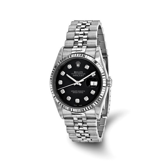Pre-owned Rolex by Swiss Crown™ USA Independently Certified Rolex Steel 36mm Jubilee Datejust Black Diamond Dial and 18k Fluted Bezel Watch