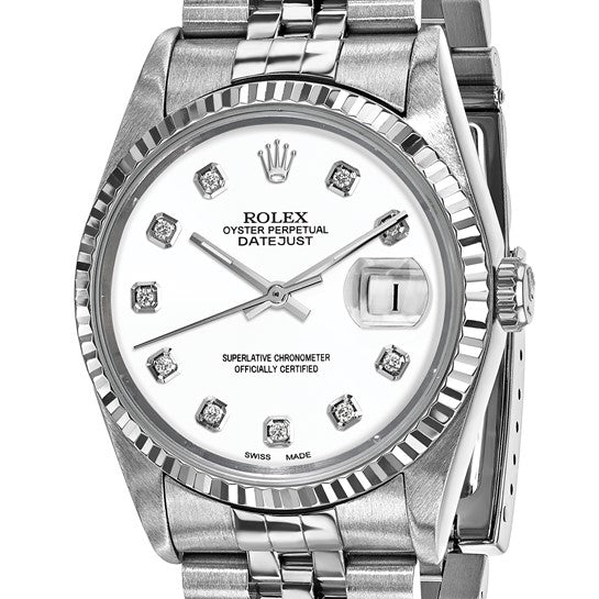 Pre-owned Rolex by Swiss Crown™ USA Pre-owned Independently Certified Rolex Steel 36mm Jubilee Datejust White Diamond Dial and 18k Fluted Bezel Watch