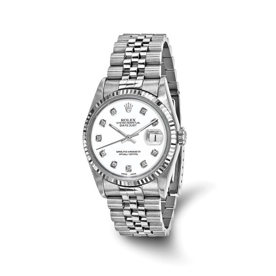 Pre-owned Rolex by Swiss Crown™ USA Pre-owned Independently Certified Rolex Steel 36mm Jubilee Datejust White Diamond Dial and 18k Fluted Bezel Watch