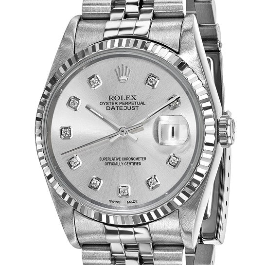 Swiss Crown™ USA Pre-owned Independently Certified Rolex Steel 36mm Jubilee Datejust Silver Diamond Dial and 18k Fluted Bezel Watch