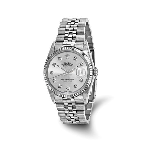 Swiss Crown™ USA Pre-owned Independently Certified Rolex Steel 36mm Jubilee Datejust Silver Diamond Dial and 18k Fluted Bezel Watch