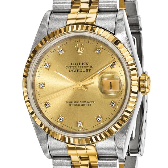 Pre-owned Rolex by Swiss Crown™ USA Pre-owned Independently Certified Rolex Steel and 18k 36mm Jubilee Datejust Champagne Diamond Dial and Fluted Bezel Watch