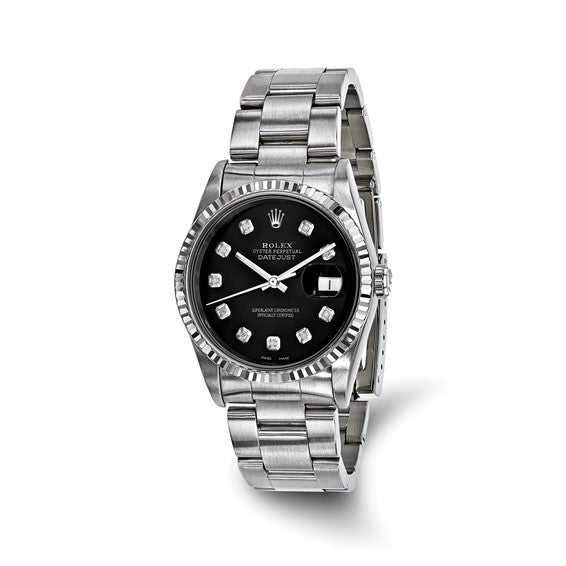 Pre-owned Rolex by  Swiss Crown™ USA Pre-owned Independently Certified Rolex Steel 36mm Oyster Datejust Black Diamond Dial and 18k Fluted Bezel Watch