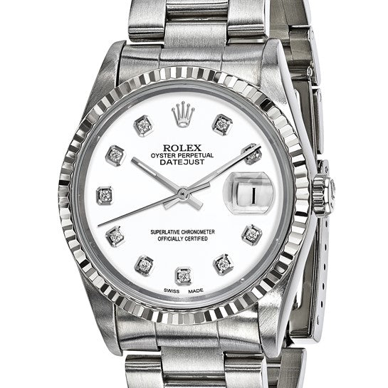 Pre-owned Rolex by  Swiss Crown™ USA Pre-owned Independently Certified Rolex Steel 36mm Oyster Datejust White Diamond Dial and 18k Fluted Bezel Watch
