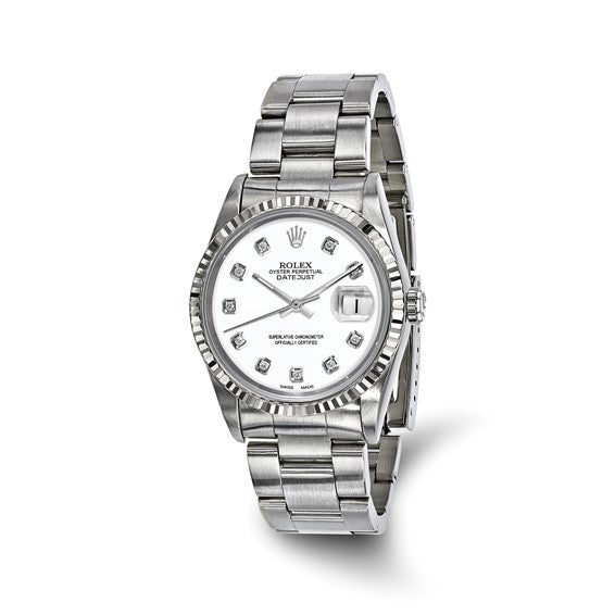 Pre-owned Rolex by  Swiss Crown™ USA Pre-owned Independently Certified Rolex Steel 36mm Oyster Datejust White Diamond Dial and 18k Fluted Bezel Watch