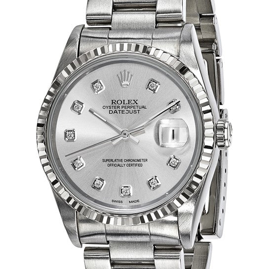 Pre-owned Rolex by Swiss Crown™ USA Pre-owned Independently Certified Rolex Steel 36mm Oyster Datejust Silver Diamond Dial and 18k Fluted Bezel Watch