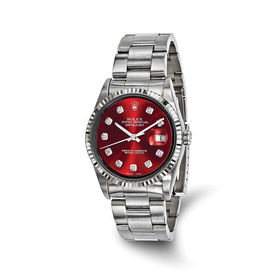 Pre-owned Rolex by Swiss Crown™ USA Pre-owned Independently Certified Rolex Steel 36mm Oyster Datejust Red Diamond Dial and 18k Fluted Bezel Watch