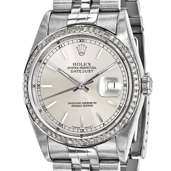 Pre-owned Rolex by Swiss Crown™ USA Pre-owned Independently Certified Rolex Steel 36mm Jubilee Datejust Silver Dial and Diamond Bezel Watch