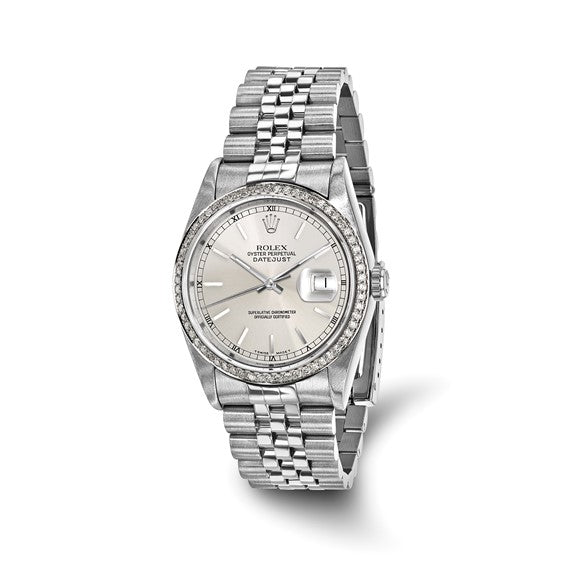 Pre-owned Rolex by Swiss Crown™ USA Pre-owned Independently Certified Rolex Steel 36mm Jubilee Datejust Silver Dial and Diamond Bezel Watch