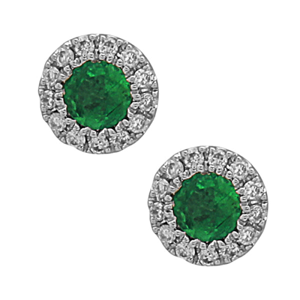 14K White Gold  Emerald and Diamond Halo Stud Earrings