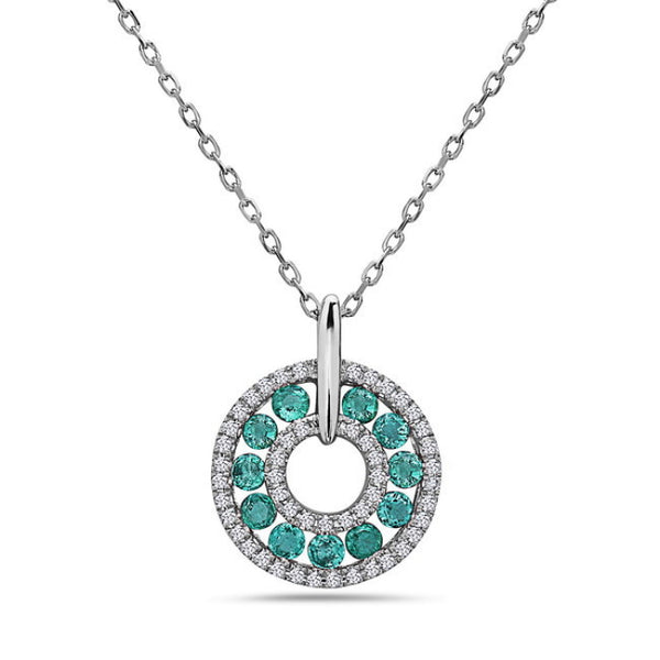 14K White Gold Emerald and Diamond Pendant, 18"