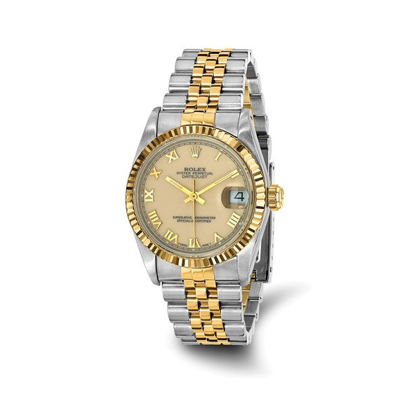 Pre-owned Rolex by Swiss Crown™ USA Pre-owned Independently Certified Rolex Steel and 18k 31mm Jubilee Datejust White Dial and Fluted Bezel Watch