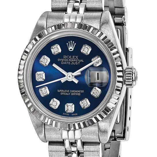Pre-owned Rolex Swiss Crown™ USA Independently Certified  Steel 26mm Jubilee Datejust Blue Diamond Dial and 18k Fluted Bezel Watch