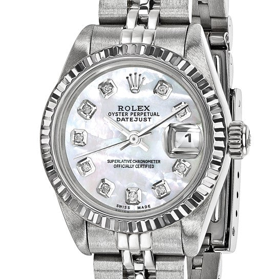 Pre-owned Rolex by Swiss Crown™ USA  Independently Certified Rolex Steel 26mm Jubilee Datejust Mother of Pearl Diamond Dial and 18k Fluted Bezel Watch