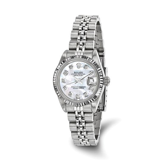 Pre-owned Rolex by Swiss Crown™ USA  Independently Certified Rolex Steel 26mm Jubilee Datejust Mother of Pearl Diamond Dial and 18k Fluted Bezel Watch
