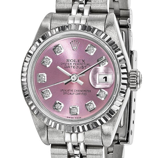 Pre-owned Rolex by Swiss Crown™ USA  Independently Certified Rolex Steel 26mm Jubilee Datejust Pink Diamond Dial and 18k Fluted Bezel Watch