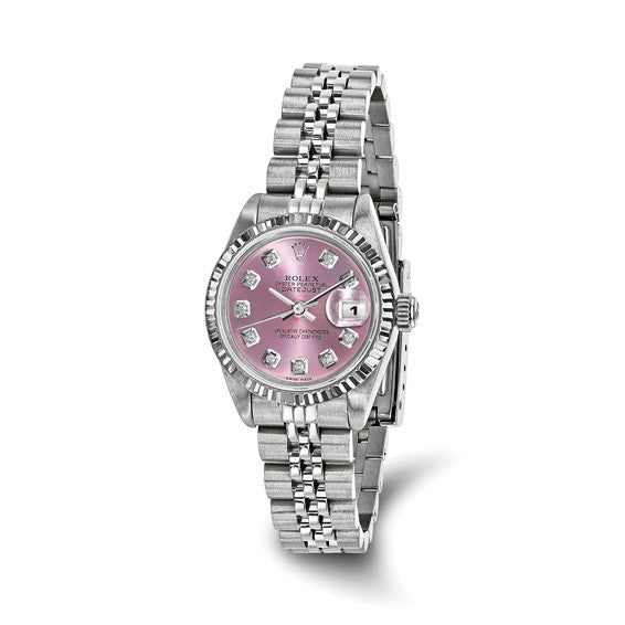 Pre-owned Rolex by Swiss Crown™ USA  Independently Certified Rolex Steel 26mm Jubilee Datejust Pink Diamond Dial and 18k Fluted Bezel Watch