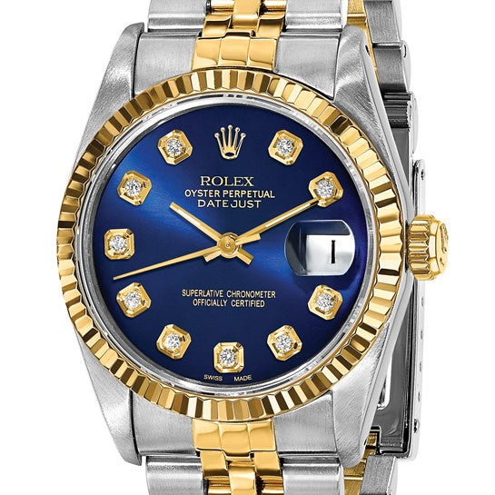 Pre-owned Rolex by Swiss Crown™ USA Pre-owned Independently Certified Rolex Steel and 18k 31mm Jubilee Datejust Blue Diamond Dial and Fluted Bezel Watch