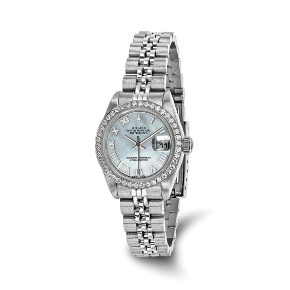 Pre-owned Rolex by Swiss Crown™ LADIES Pre-owned Rolex-Independently Certified SS Datejust Jubilee With Mother of Pearl Diamond Dial and Diamond Bezel