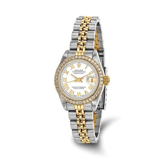 Pre-owned Rolex by Swiss Crown™ USA  Independently Certified Rolex Steel and 18k 26mm Jubilee Datejust White Dial and Diamond Bezel Watch