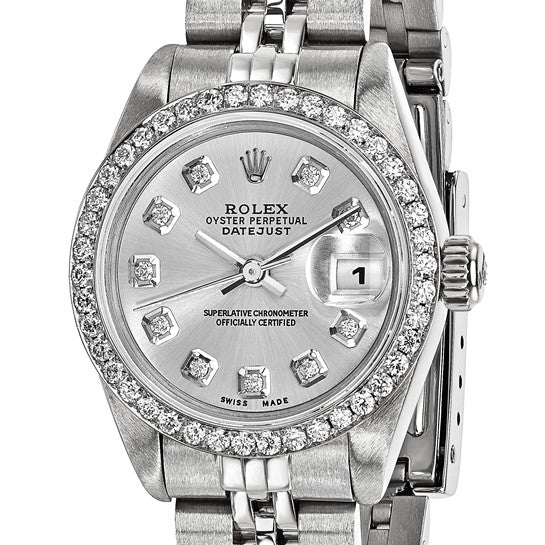 Pre-owned Rolex by Swiss Crown™ USA Pre-owned Independently Certified Rolex Steel 26mm Jubilee Datejust Silver Diamond Dial and Bezel Watch