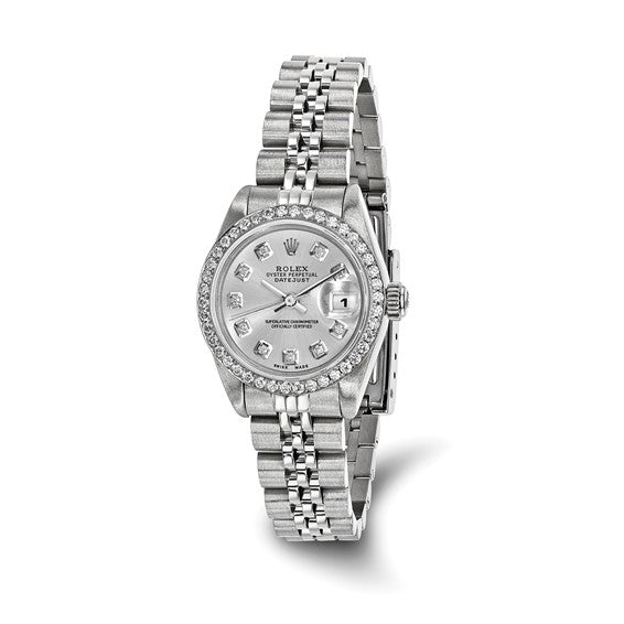 Pre-owned Rolex by Swiss Crown™ USA Pre-owned Independently Certified Rolex Steel 26mm Jubilee Datejust Silver Diamond Dial and Bezel Watch
