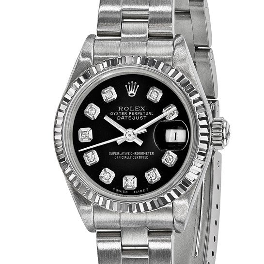 Pre-owned Rolex by Swiss Crown™ USA  Independently Certified Rolex Steel 26mm Oyster Datejust Black Diamond Dial and 18k Fluted Bezel Watch