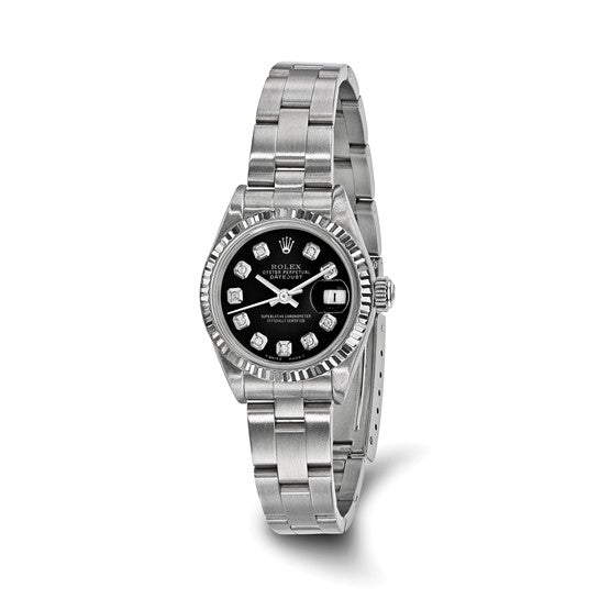 Pre-owned Rolex by Swiss Crown™ USA  Independently Certified Rolex Steel 26mm Oyster Datejust Black Diamond Dial and 18k Fluted Bezel Watch