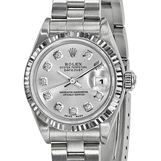 Pre-owned Rolex by Swiss Crown™ USA  Independently Certified Rolex Steel 26mm Oyster Datejust Silver Diamond Dial and 18k Fluted Bezel Watch