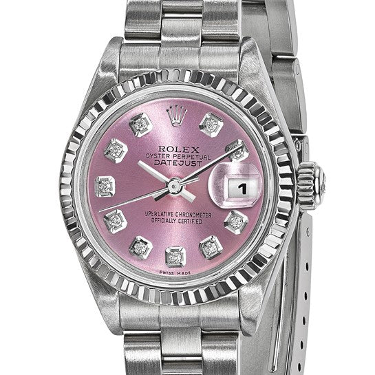 Pre-owned Rolex by Swiss Crown™ USA  Independently Certified Rolex Steel 26mm Oyster Datejust Pink Diamond Dial and 18k Fluted Bezel Watch
