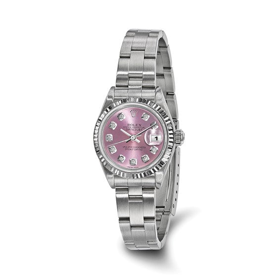 Pre-owned Rolex by Swiss Crown™ USA  Independently Certified Rolex Steel 26mm Oyster Datejust Pink Diamond Dial and 18k Fluted Bezel Watch