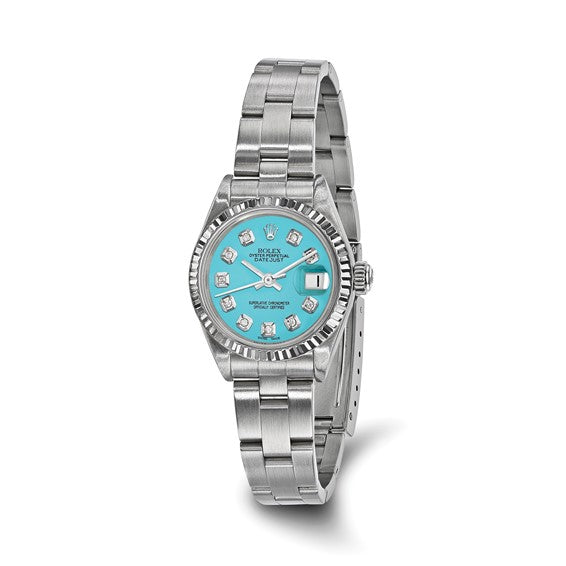 Pre-owned Rolex by Swiss Crown™ LADIES Pre-owned Rolex-Independently Certified SS OYSTER Datejust With TEAL Diamond Dial and 18k Bezel