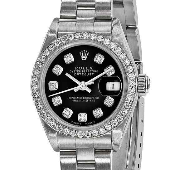 Pre-owned Rolex by  Swiss Crown™ USA Pre-owned Independently Certified Rolex Steel 26mm Oyster Datejust Black Diamond Dial and Bezel Watch