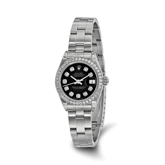 Pre-owned Rolex by  Swiss Crown™ USA Pre-owned Independently Certified Rolex Steel 26mm Oyster Datejust Black Diamond Dial and Bezel Watch