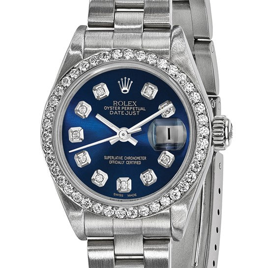 Pre-owned Rolex by Swiss Crown™ USA Pre-owned Independently Certified Rolex Steel 26mm Oyster Datejust Blue Diamond Dial and Bezel Watch