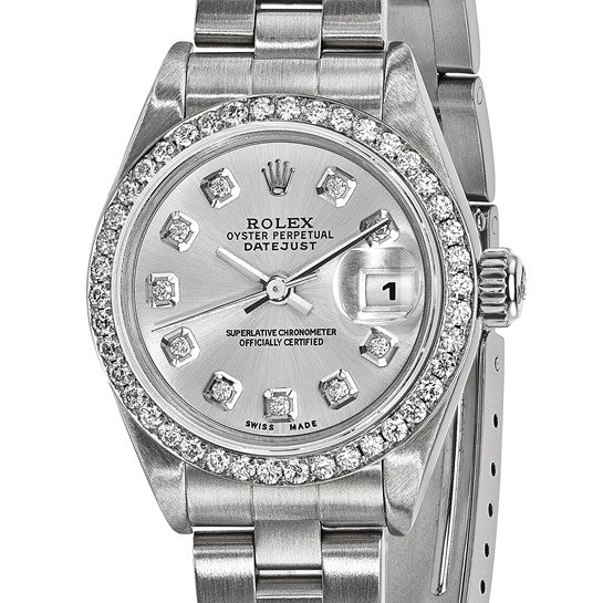 Pre-owned Rolex by  Swiss Crown™ USA Pre-owned Independently Certified Rolex Steel 26mm Oyster Datejust Silver Diamond Dial and Bezel Watch