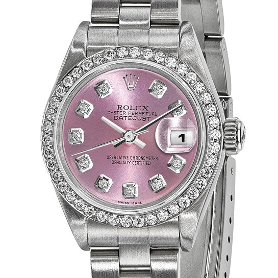 Pre-owned Rolex by Swiss Crown™ USA Pre-owned Independently Certified Rolex Steel 26mm Oyster Datejust Pink Diamond Dial and Bezel Watch