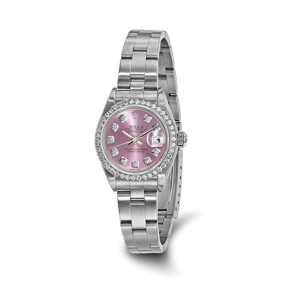 Pre-owned Rolex by Swiss Crown™ USA Pre-owned Independently Certified Rolex Steel 26mm Oyster Datejust Pink Diamond Dial and Bezel Watch