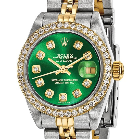Pre-owned Rolex by  Swiss Crown™ USA Pre-owned Independently Certified Rolex Steel and 18k 26mm Jubilee Datejust Green Diamond Dial and Bezel Watch