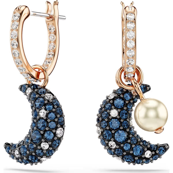 Swarovski Luna drop earrings, Crystal pearl, Asymmetrical design, Moon, Multicolored, Rose gold-tone plated 5671569