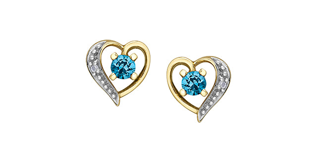 10K Yellow Gold Blue Topaz and Diamond Heart Stud Earrings