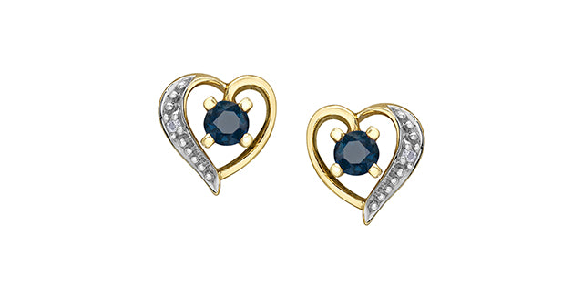 10K Yellow Gold Sapphire and Diamond Heart Stud Earrings