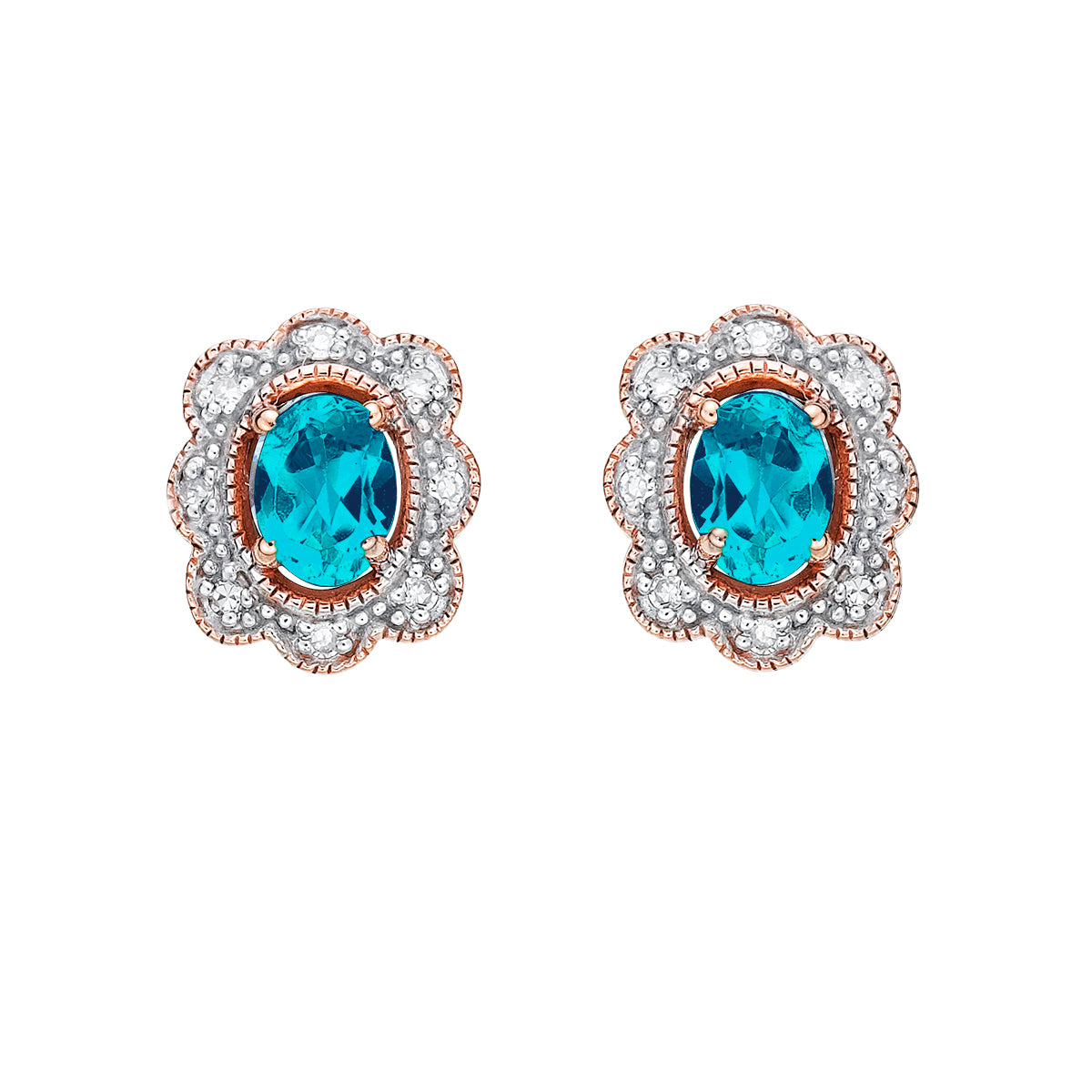 10K Rose Gold Blue Topaz and Diamond Halo Stud Earrings